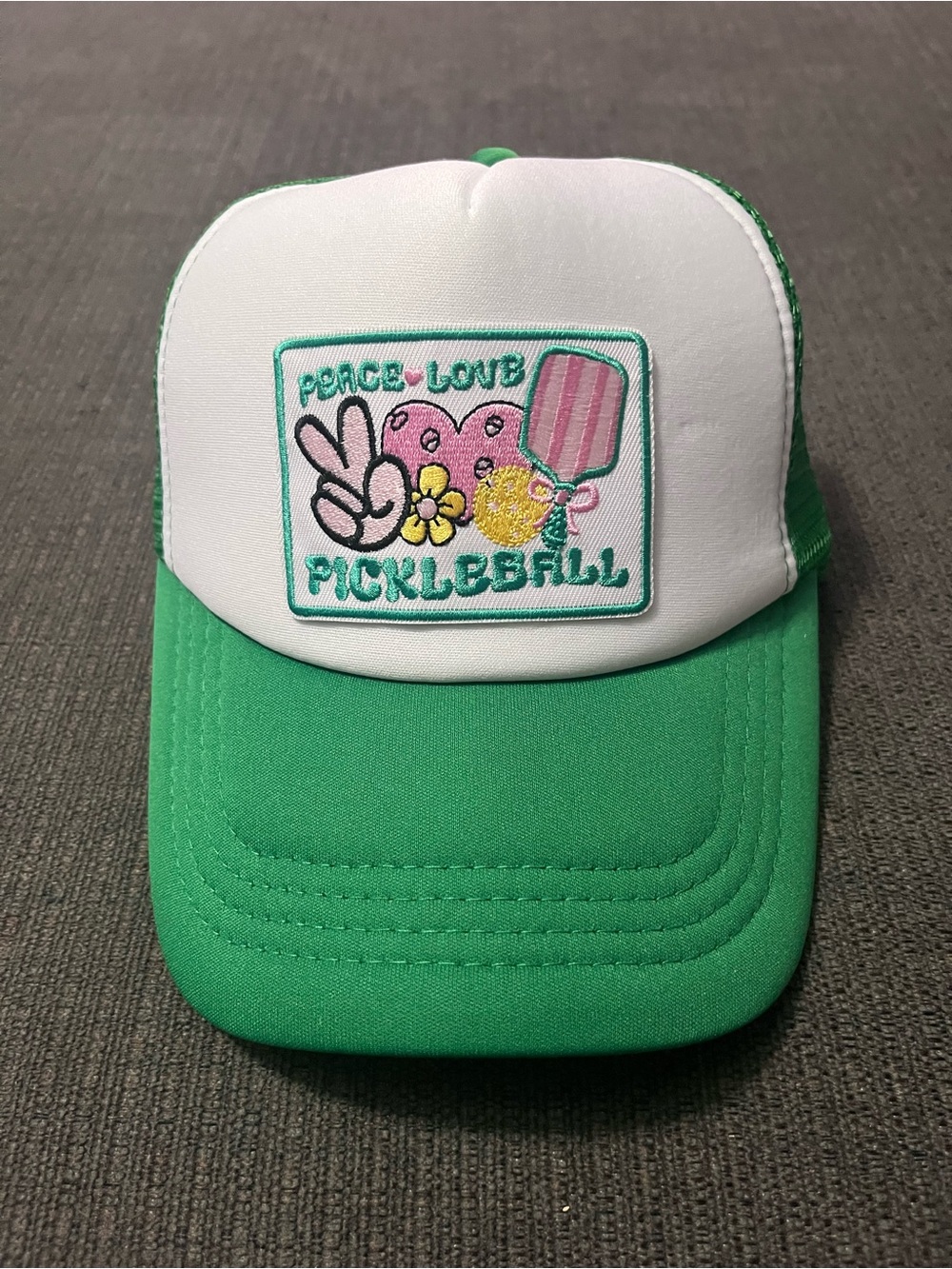 Peace Love Pickleball Adult Green and White Trucker Hat